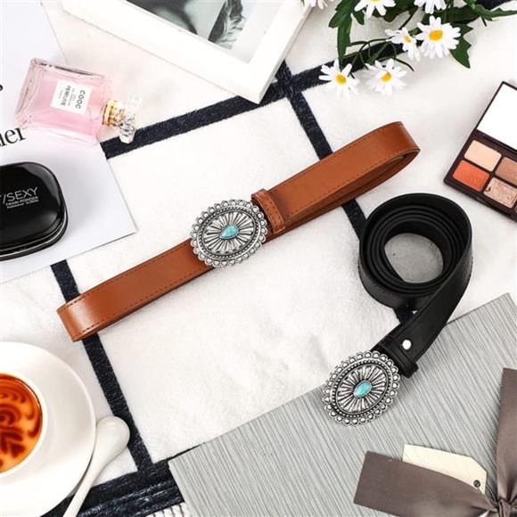 2 Pcs Women Western Belt Leather Belt Turquoise Belt Buckle Soft Faux Leather main image 5